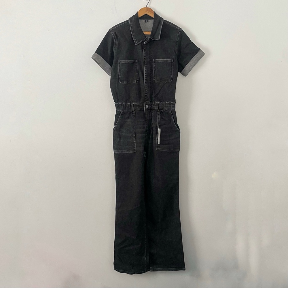 NWT New Judy Blue Black Denim Utility Straight Leg Short Sleeve Jumpsuit Medium